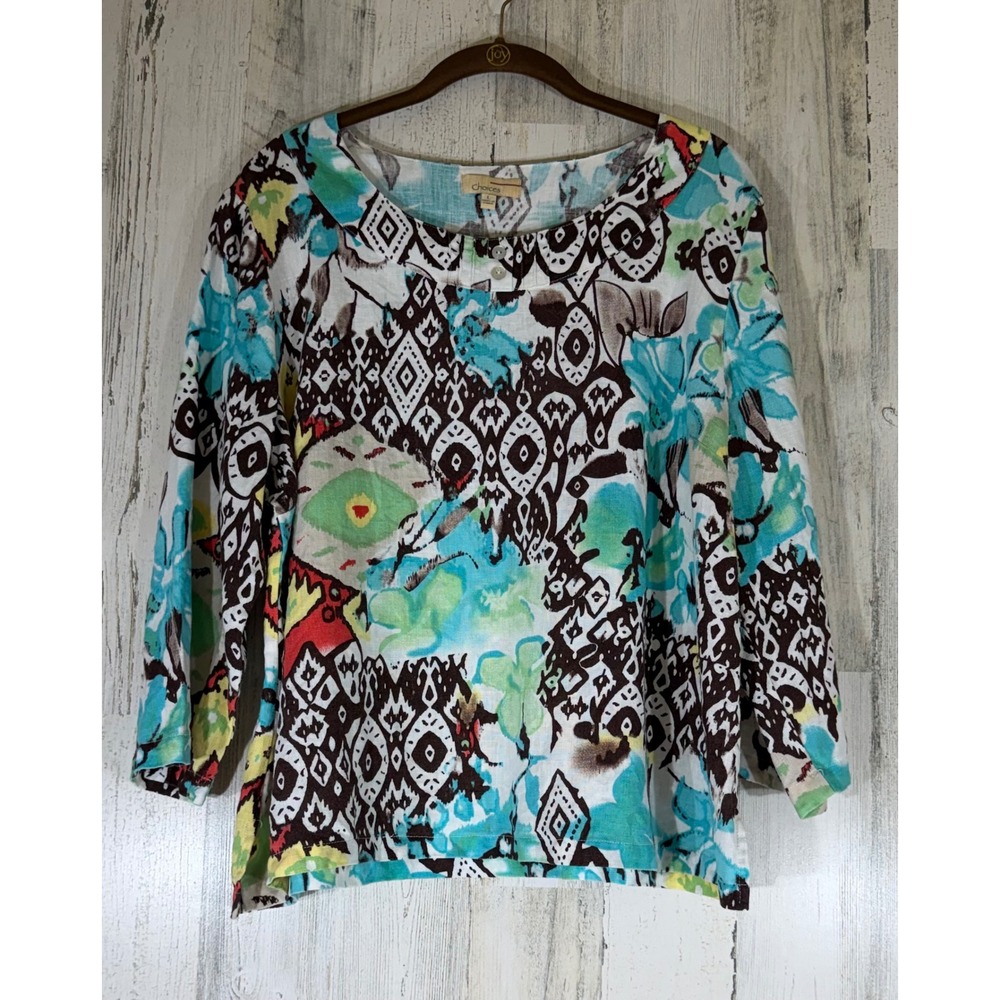 Choices Linen‎ Blouse Large Blue Brown Abstract Ikat Floral 3/4 Sleeve Boho Top